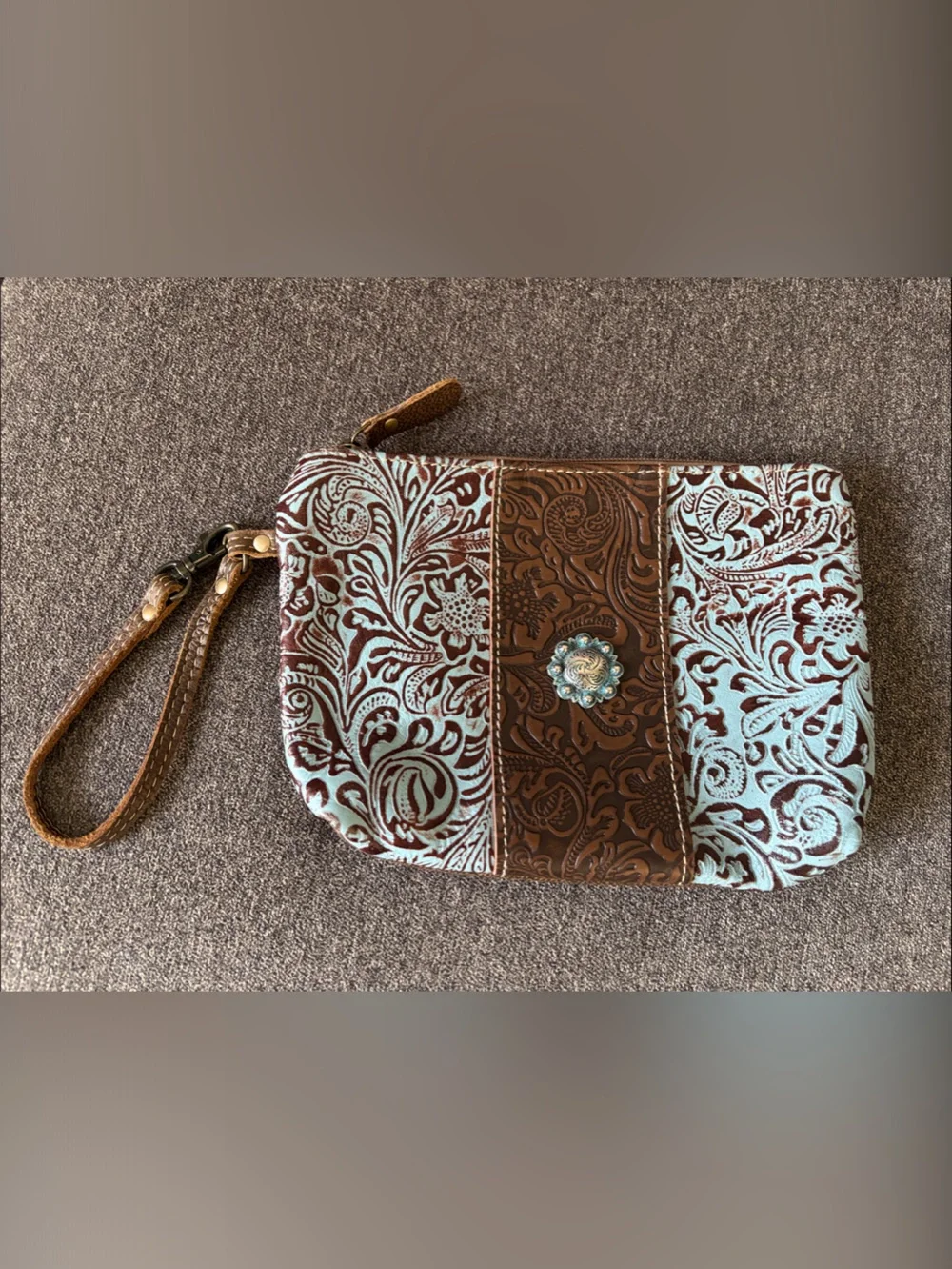 Myra Bag Brown and Light Blue Tooled Leather Wristlet with Turquoise Concho